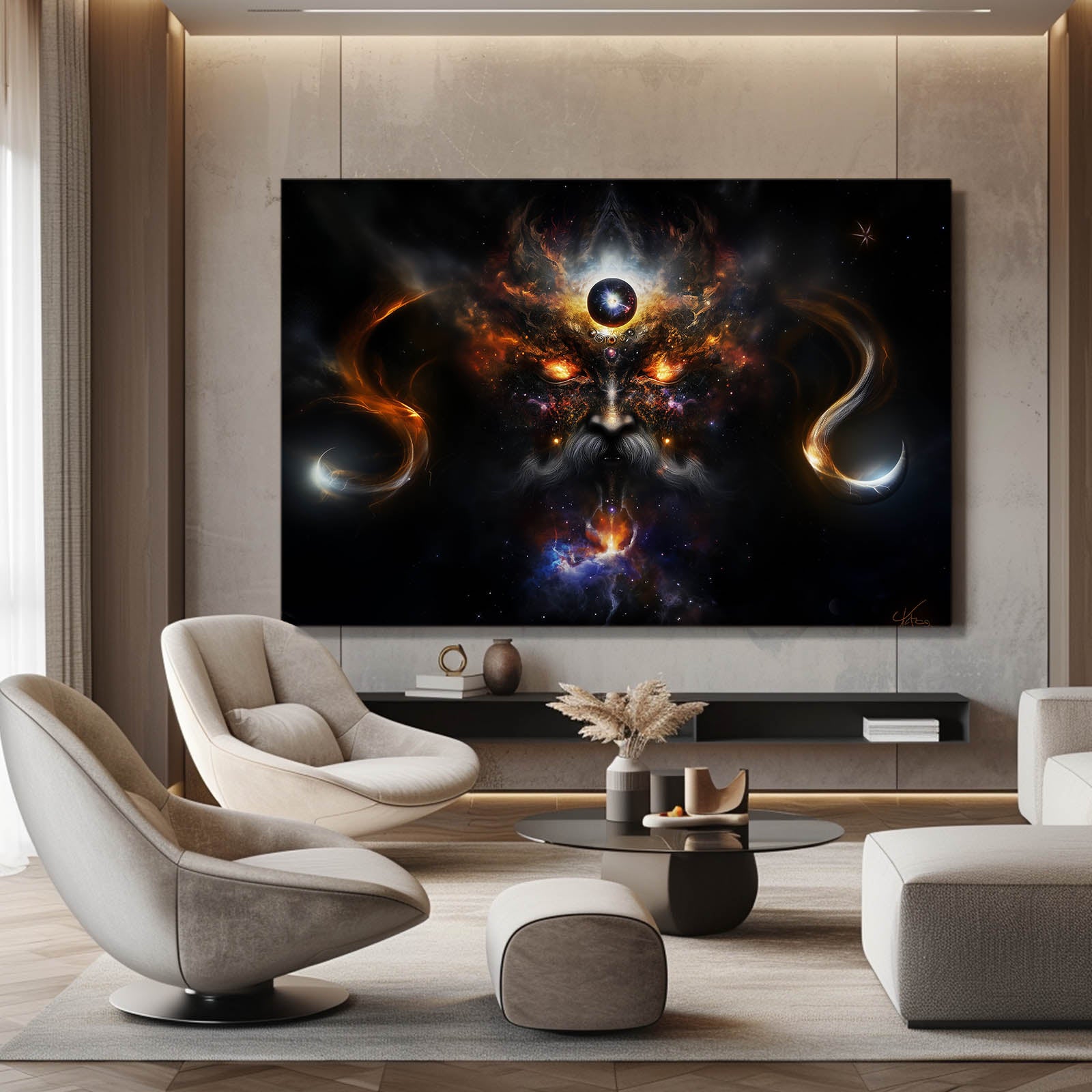 Cosmic Nebula Mane Lion Wall Art — contemporary canvas print, styled in a furnished interior