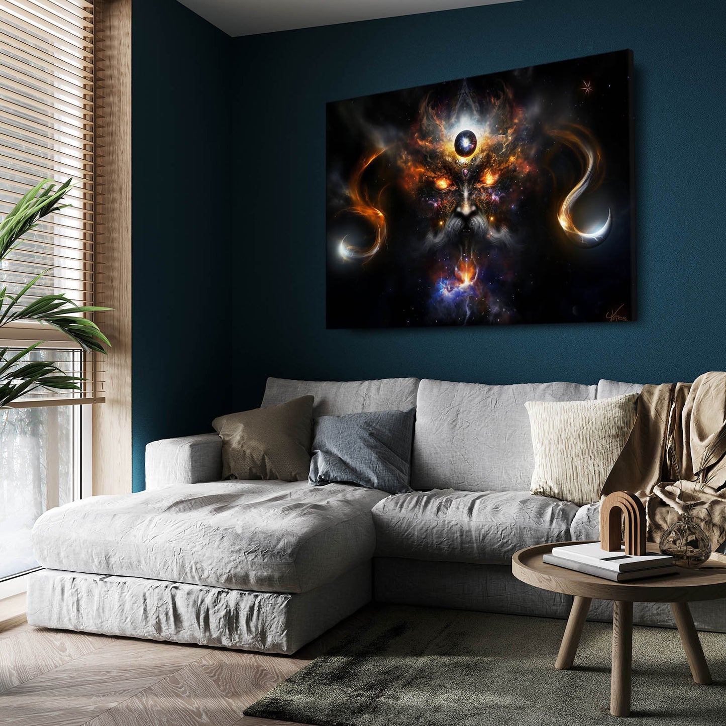 Cosmic Nebula Mane Lion Wall Art — contemporary canvas print, styled in a furnished interior