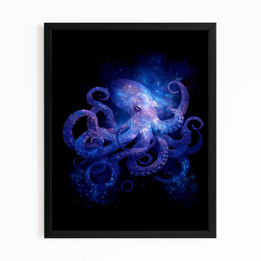 Cosmic Nebula Octopus Wall Art – with Premium Black frame on white background