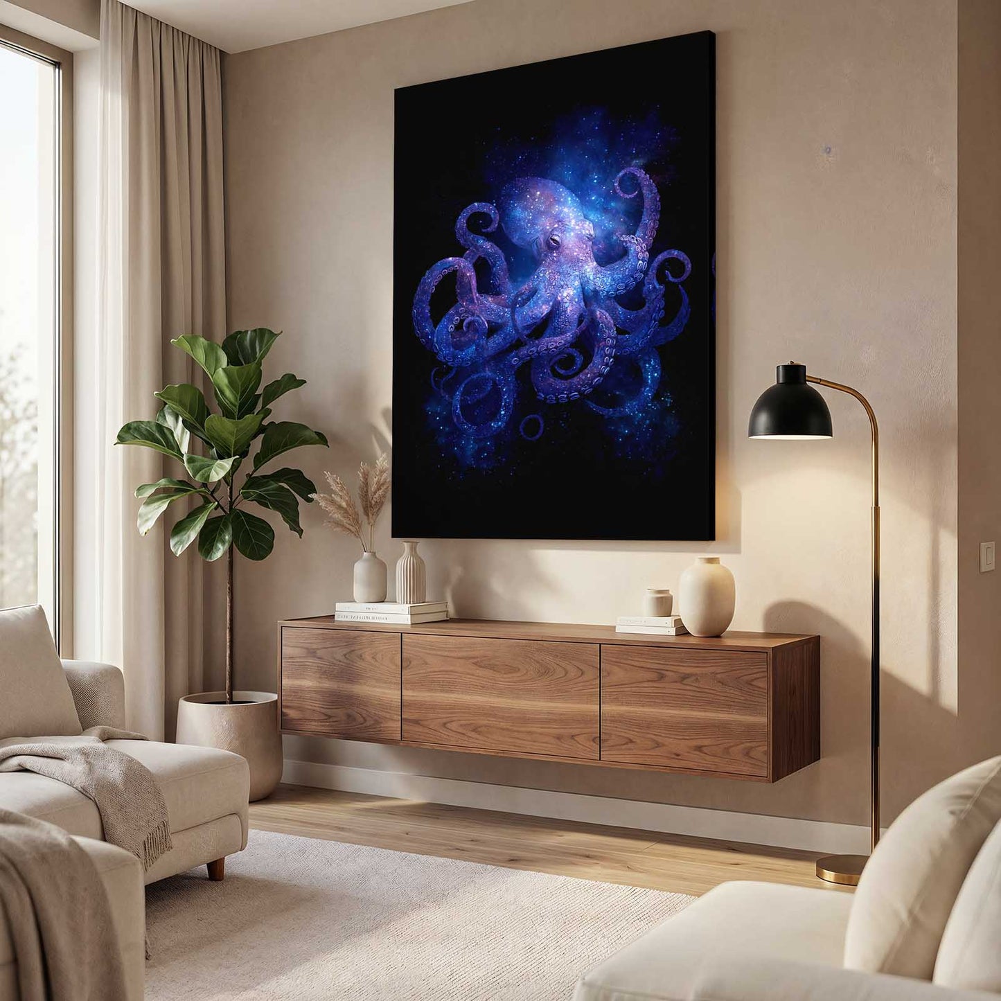 Cosmic Nebula Octopus Wall Art – styled in a furnished interior