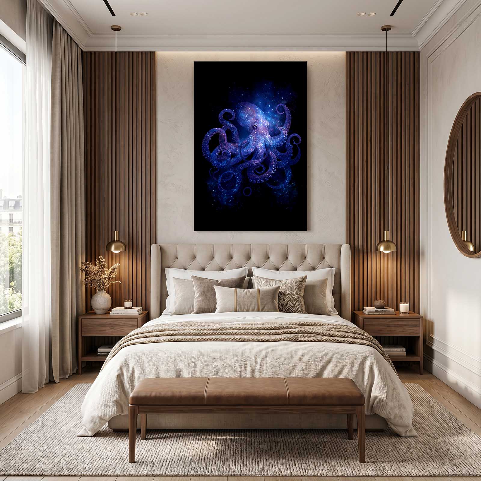 Cosmic Nebula Octopus Wall Art – styled in a furnished interior