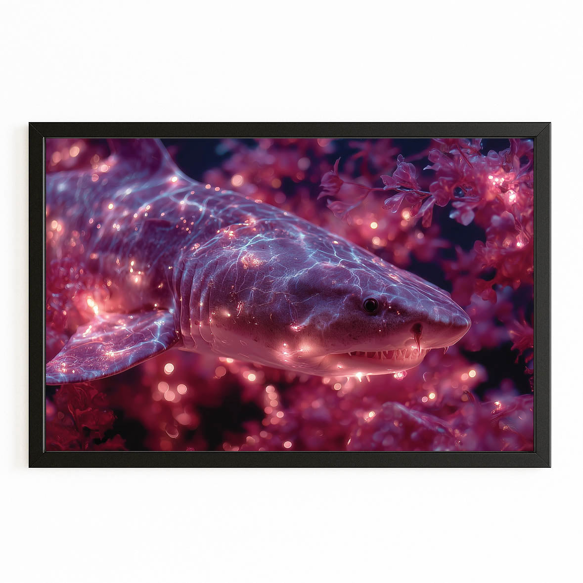 Cosmic Purple Shark Art – with Premium Black frame on white background