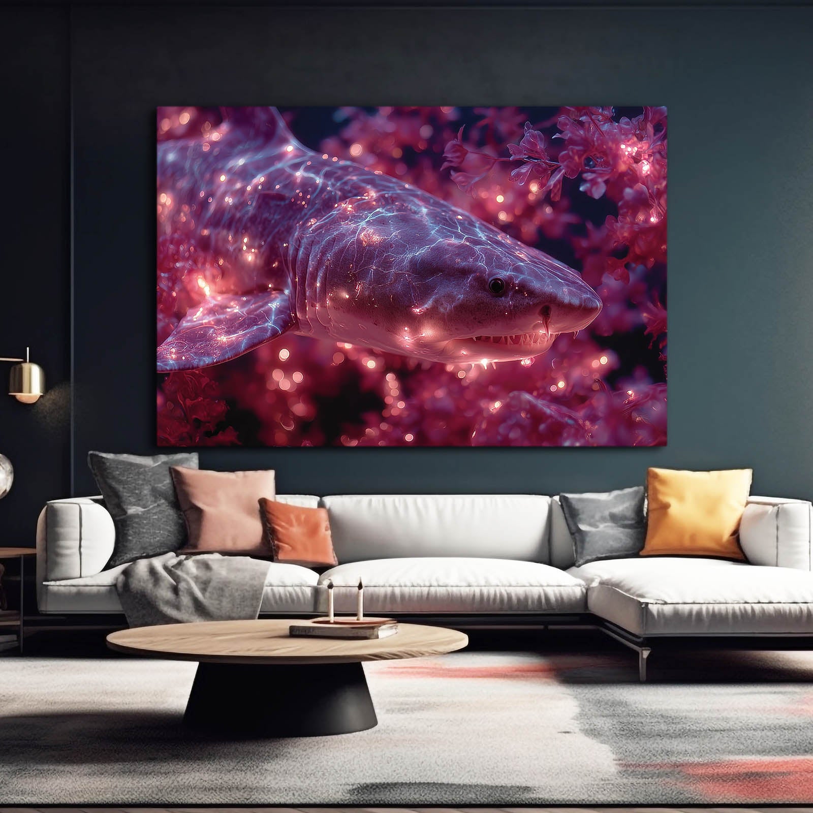 Cosmic Purple Shark Art – styled in a furnished interior