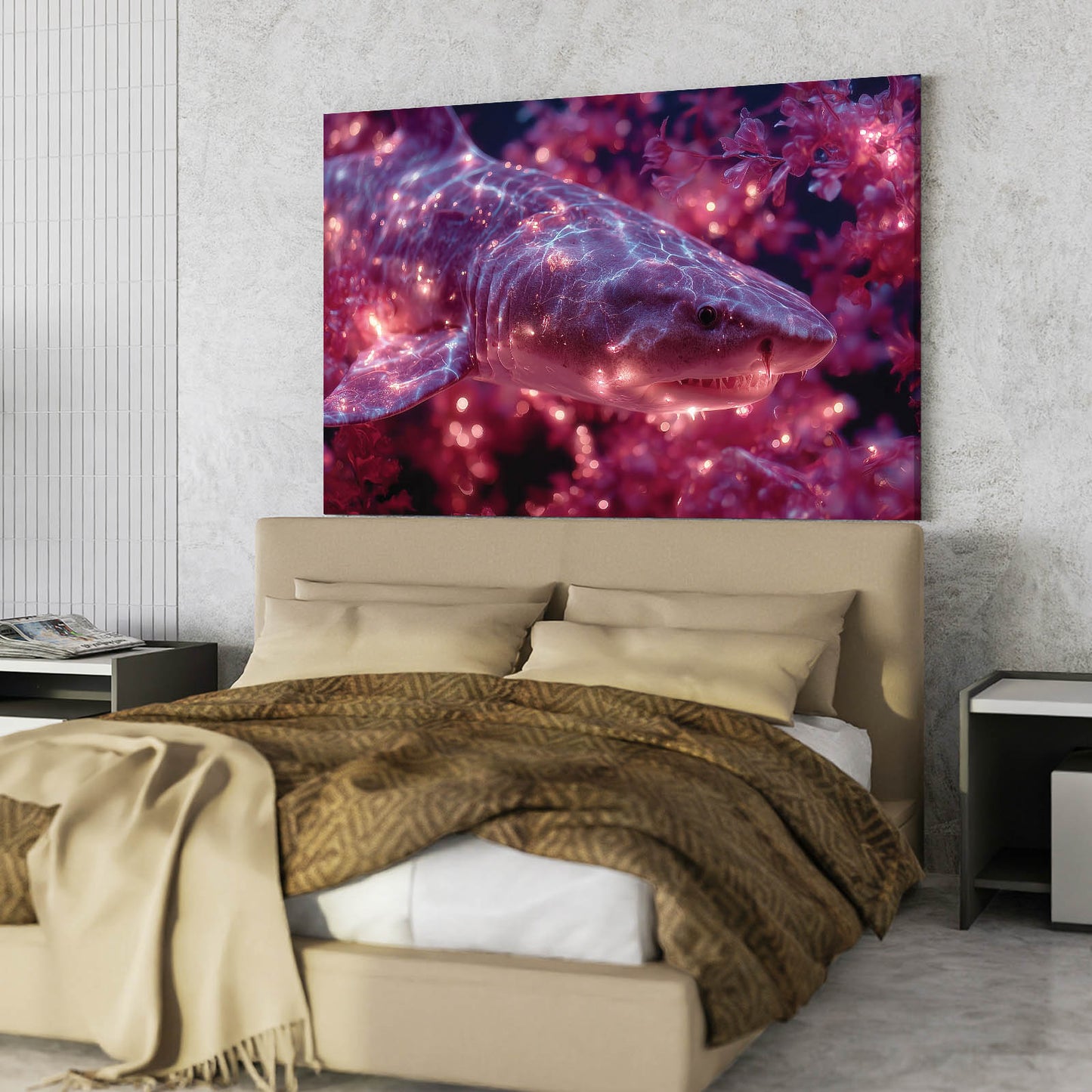 Cosmic Purple Shark Art – styled in a furnished interior