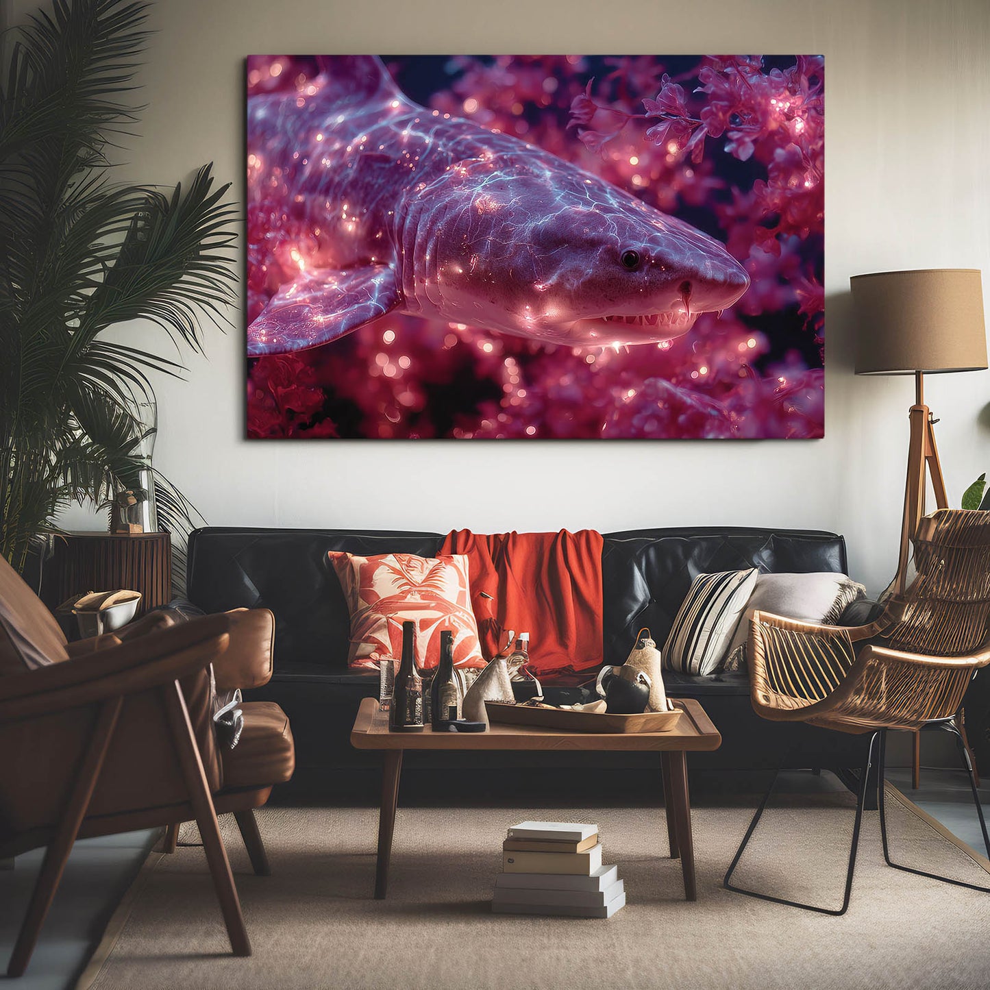 Cosmic Purple Shark Art – styled in a furnished interior