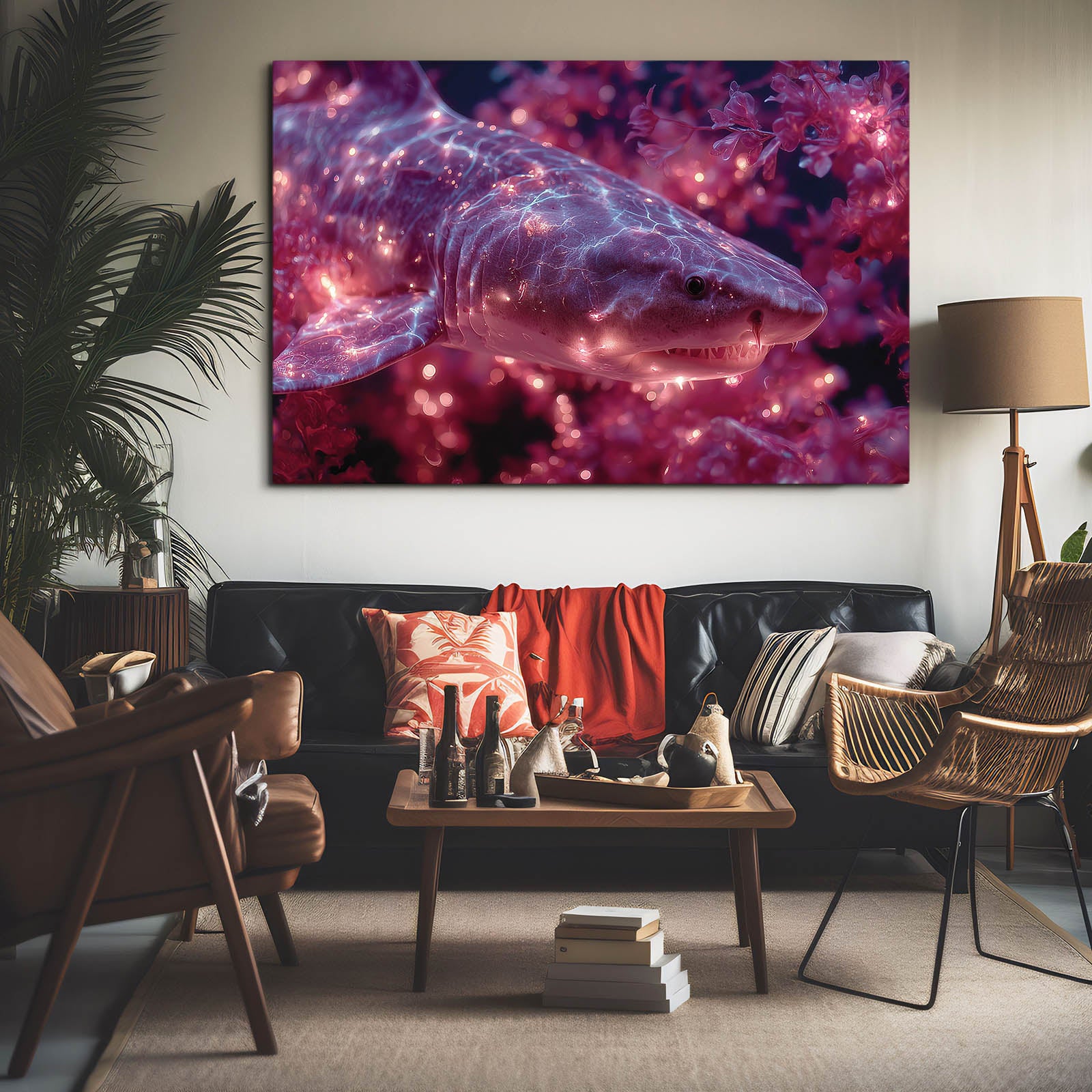 Cosmic Purple Shark Art – styled in a furnished interior