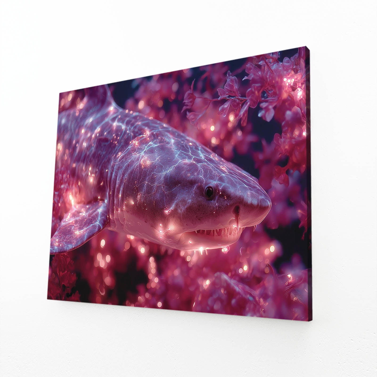 Cosmic Purple Shark Art – angled canvas view on white background