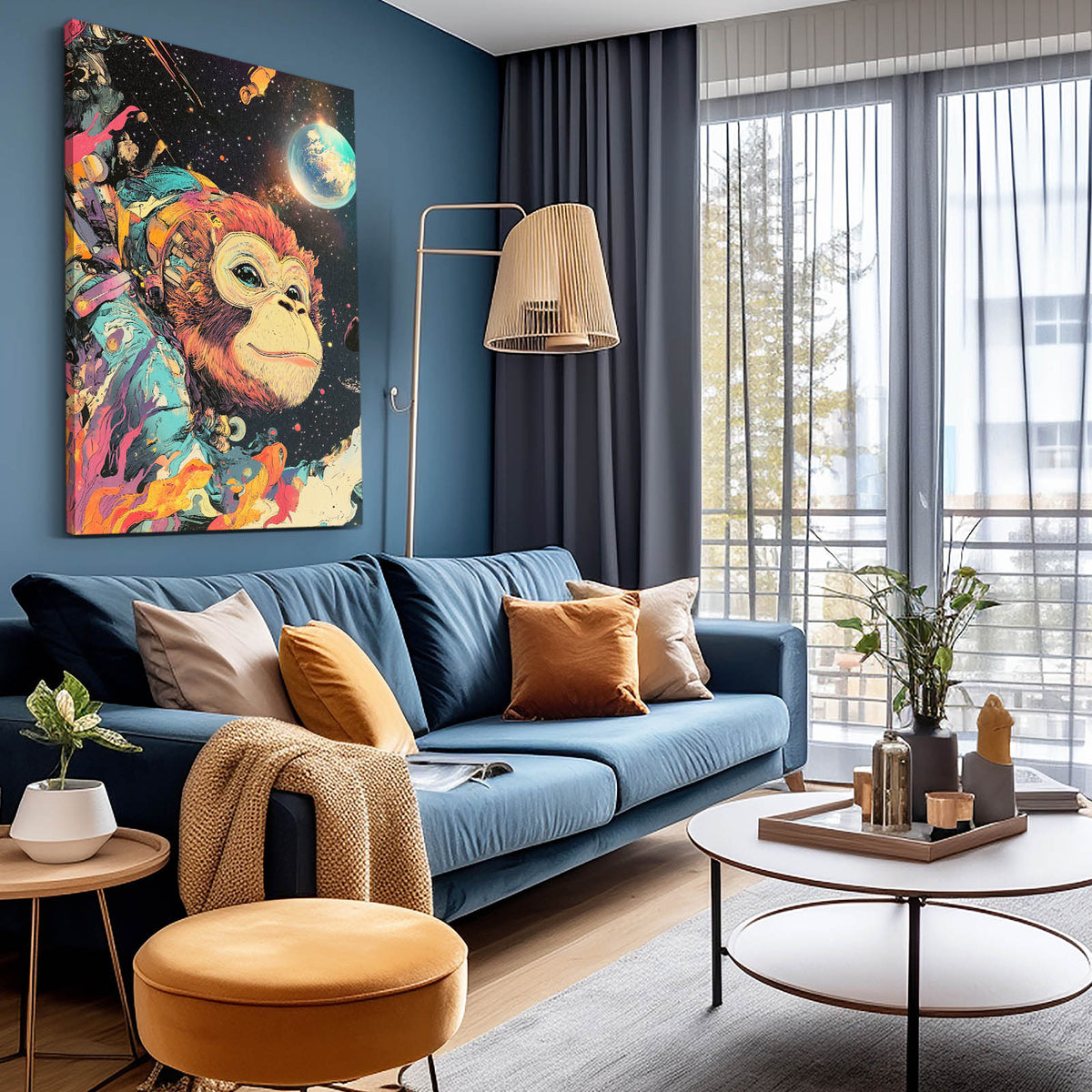 Cosmic Rainbow Voyager Monkey Art — surrealism canvas print, styled in a furnished interior