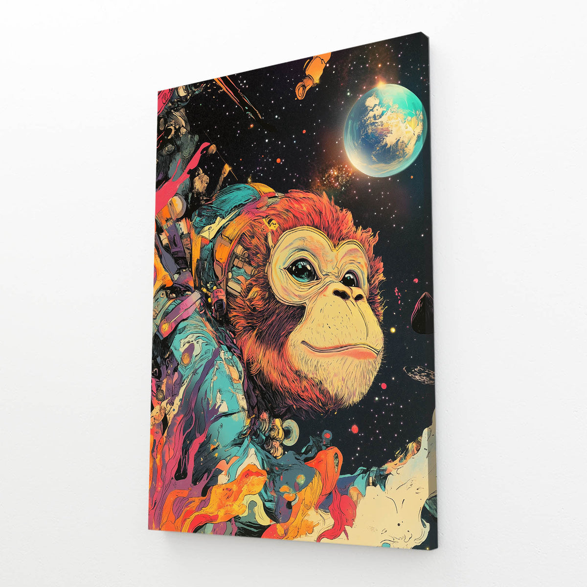 Cosmic Rainbow Voyager Monkey Art — surrealism canvas print, angled canvas view on white background