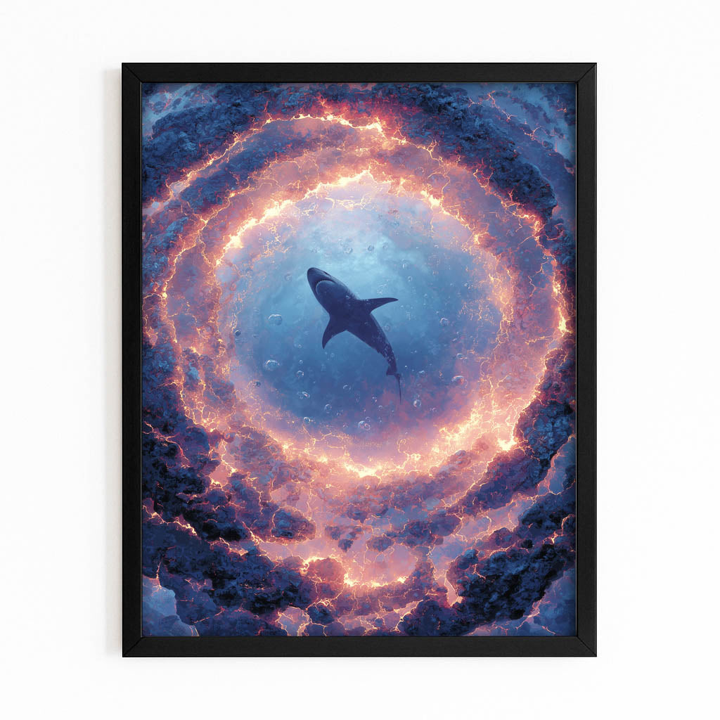 Cosmic Ring Vortex Shark Wall Art – with Premium Black frame on white background