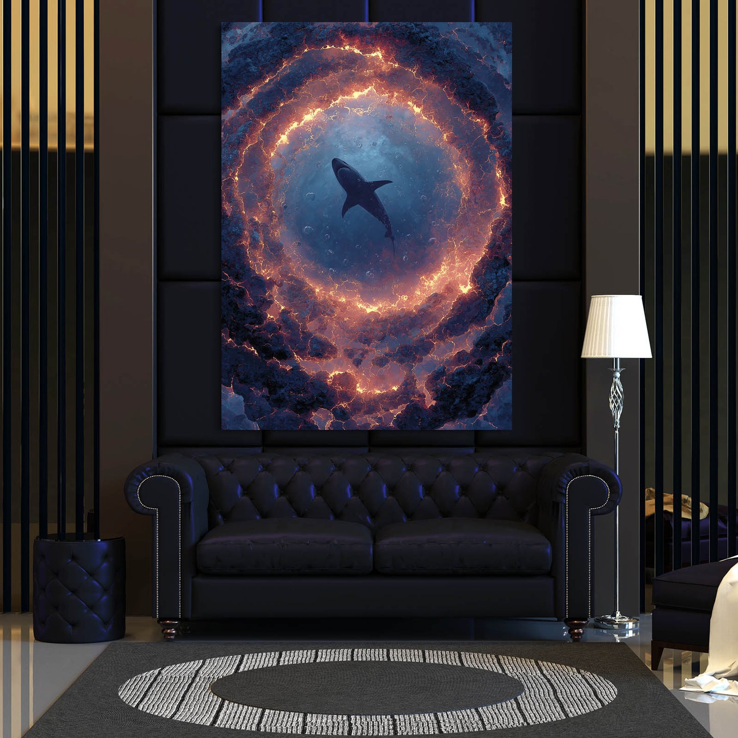 Cosmic Ring Vortex Shark Wall Art – styled in a furnished interior