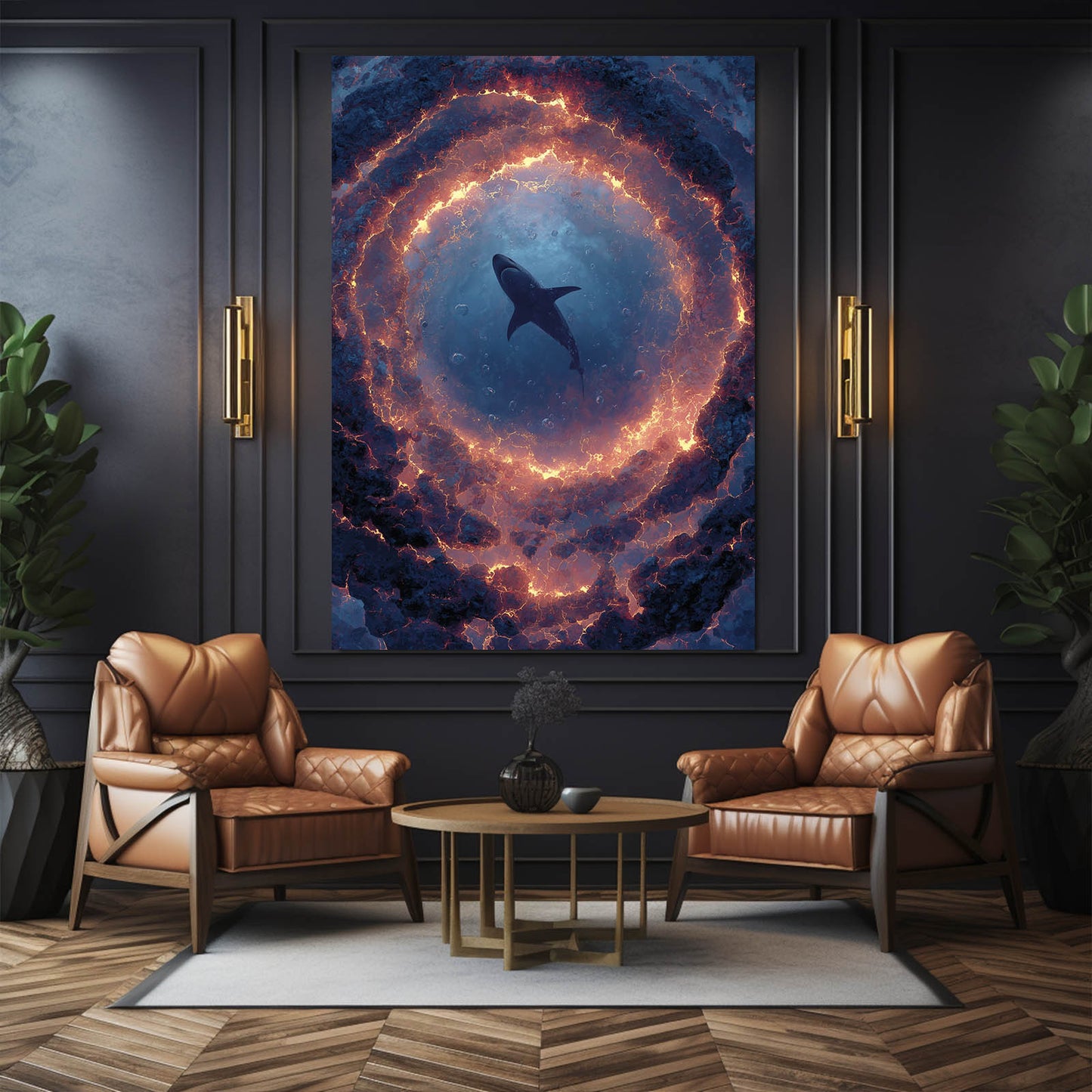 Cosmic Ring Vortex Shark Wall Art – styled in a furnished interior
