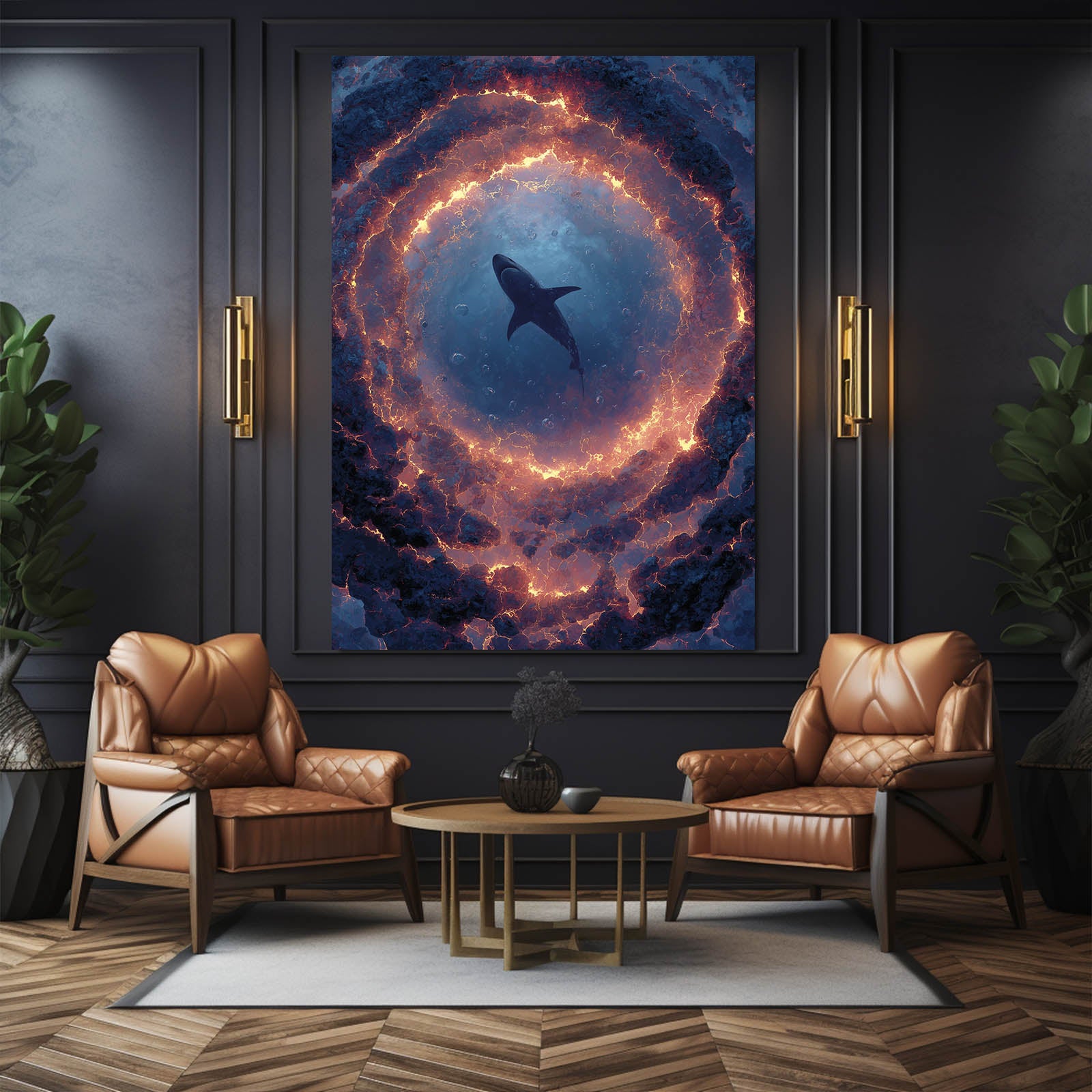 Cosmic Ring Vortex Shark Wall Art – styled in a furnished interior
