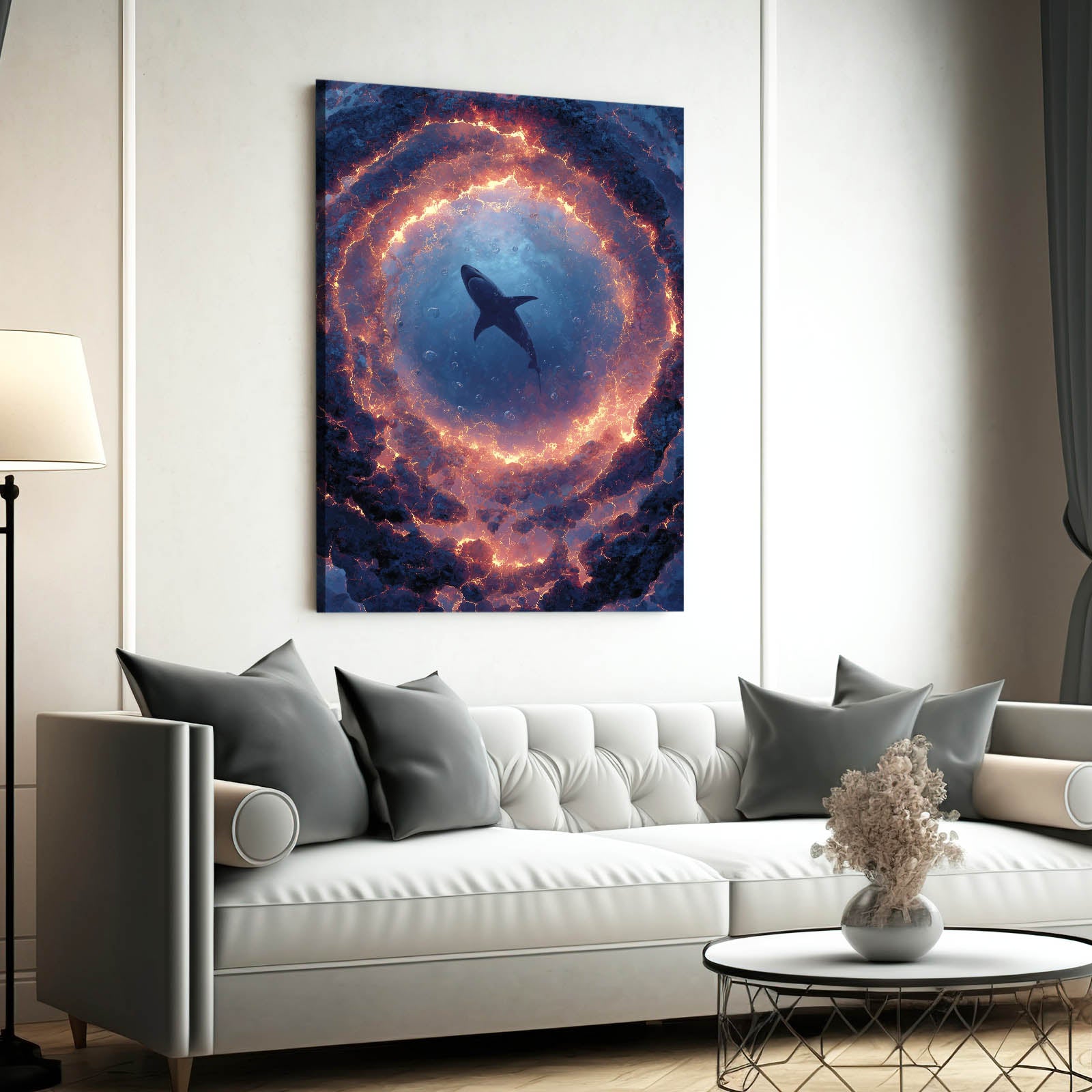 Cosmic Ring Vortex Shark Wall Art – styled in a furnished interior