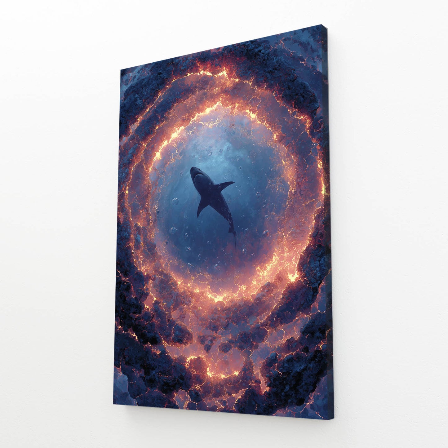 Cosmic Ring Vortex Shark Wall Art – angled canvas view on white background