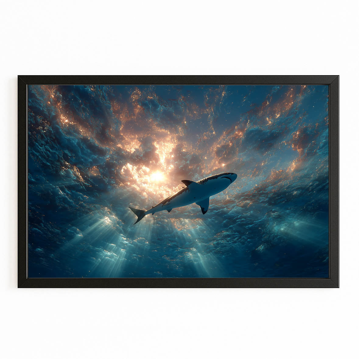 Cosmic Sunburst Ocean Shark Wall Art – with Premium Black frame on white background