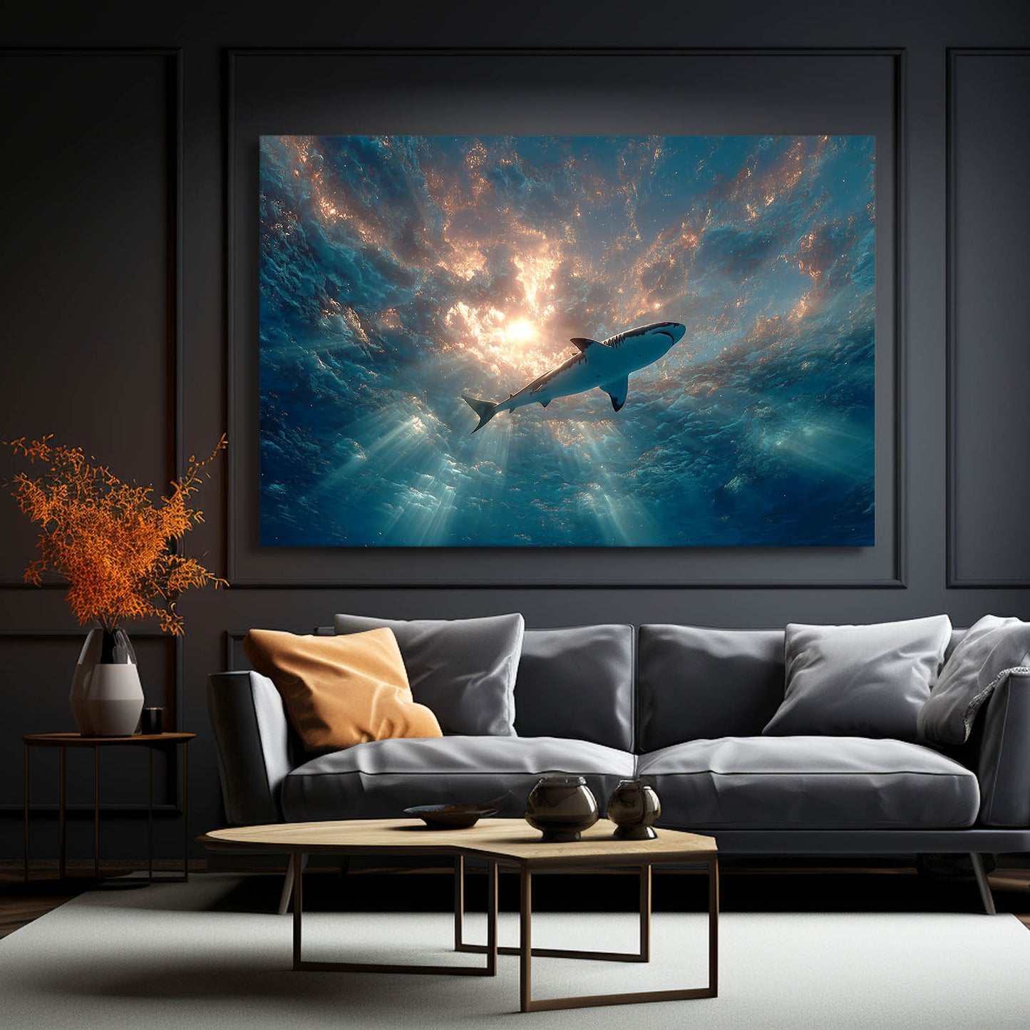Cosmic Sunburst Ocean Shark Wall Art – styled in a furnished interior