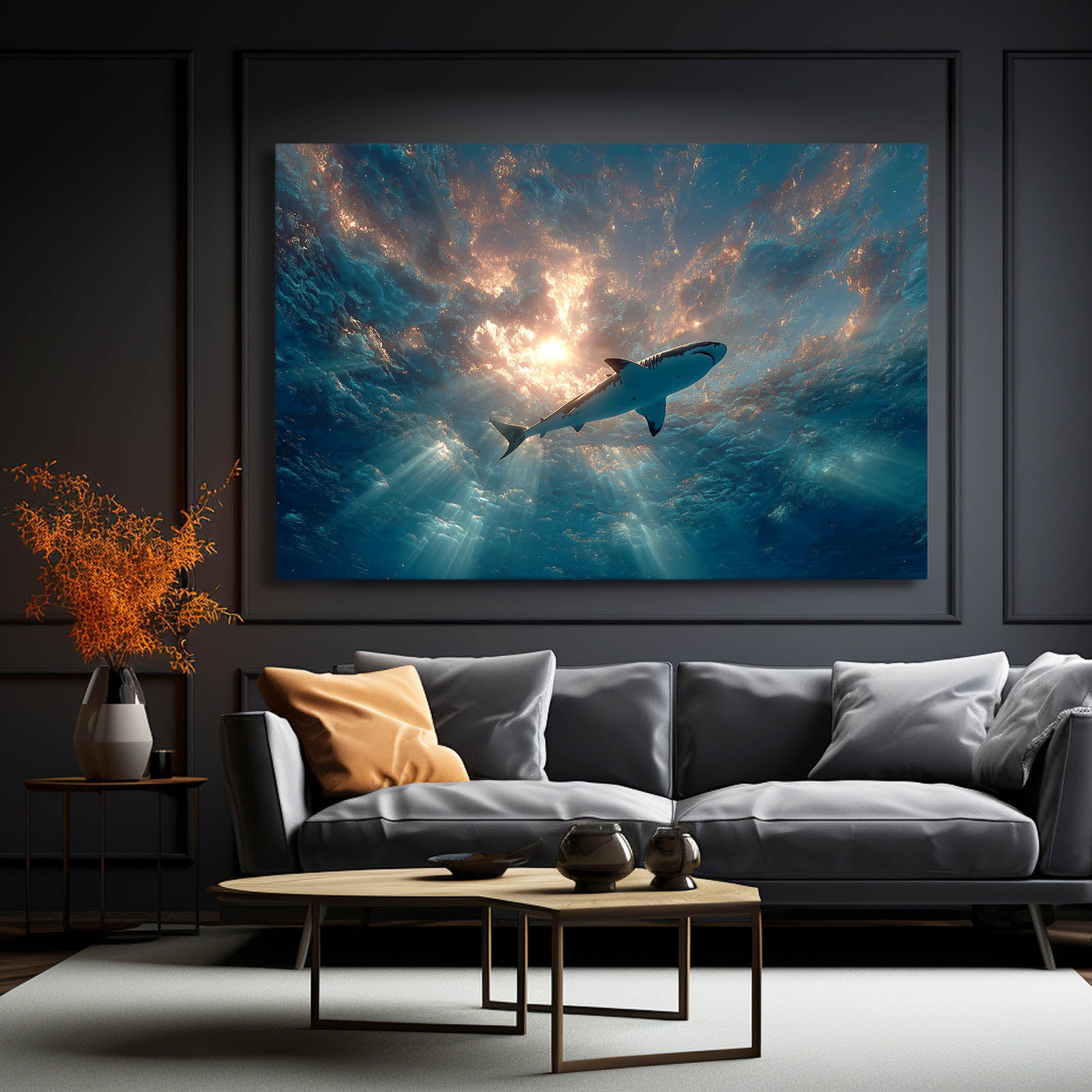 Cosmic Sunburst Ocean Shark Wall Art – styled in a furnished interior