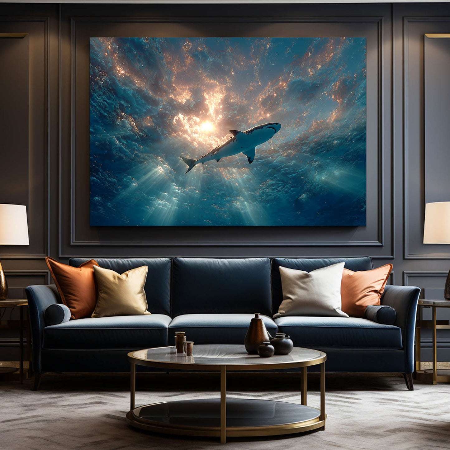 Cosmic Sunburst Ocean Shark Wall Art – styled in a furnished interior