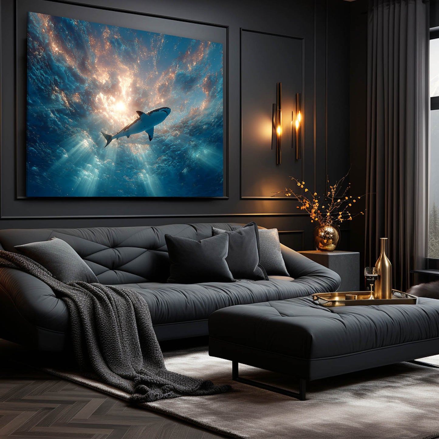 Cosmic Sunburst Ocean Shark Wall Art – styled in a furnished interior