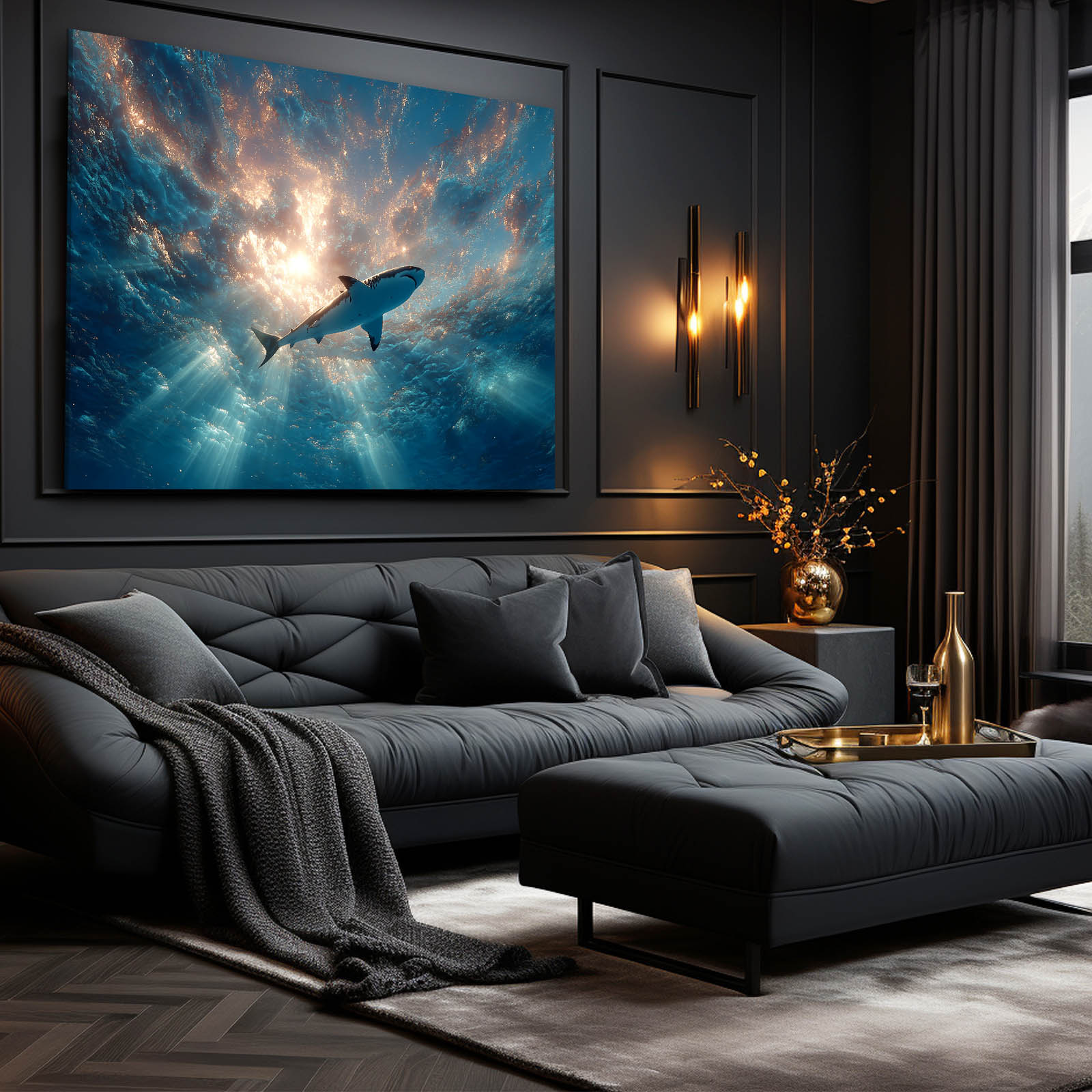 Cosmic Sunburst Ocean Shark Wall Art – styled in a furnished interior