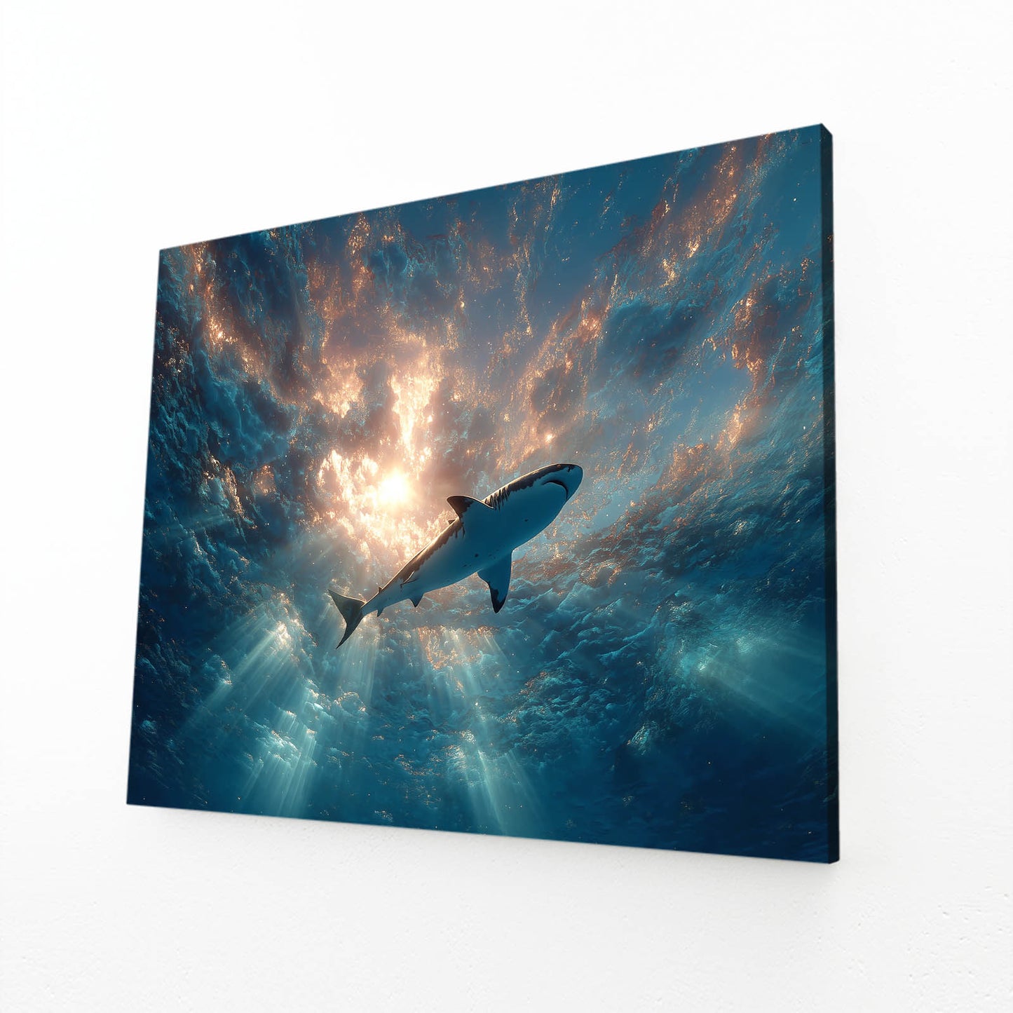 Cosmic Sunburst Ocean Shark Wall Art – angled canvas view on white background