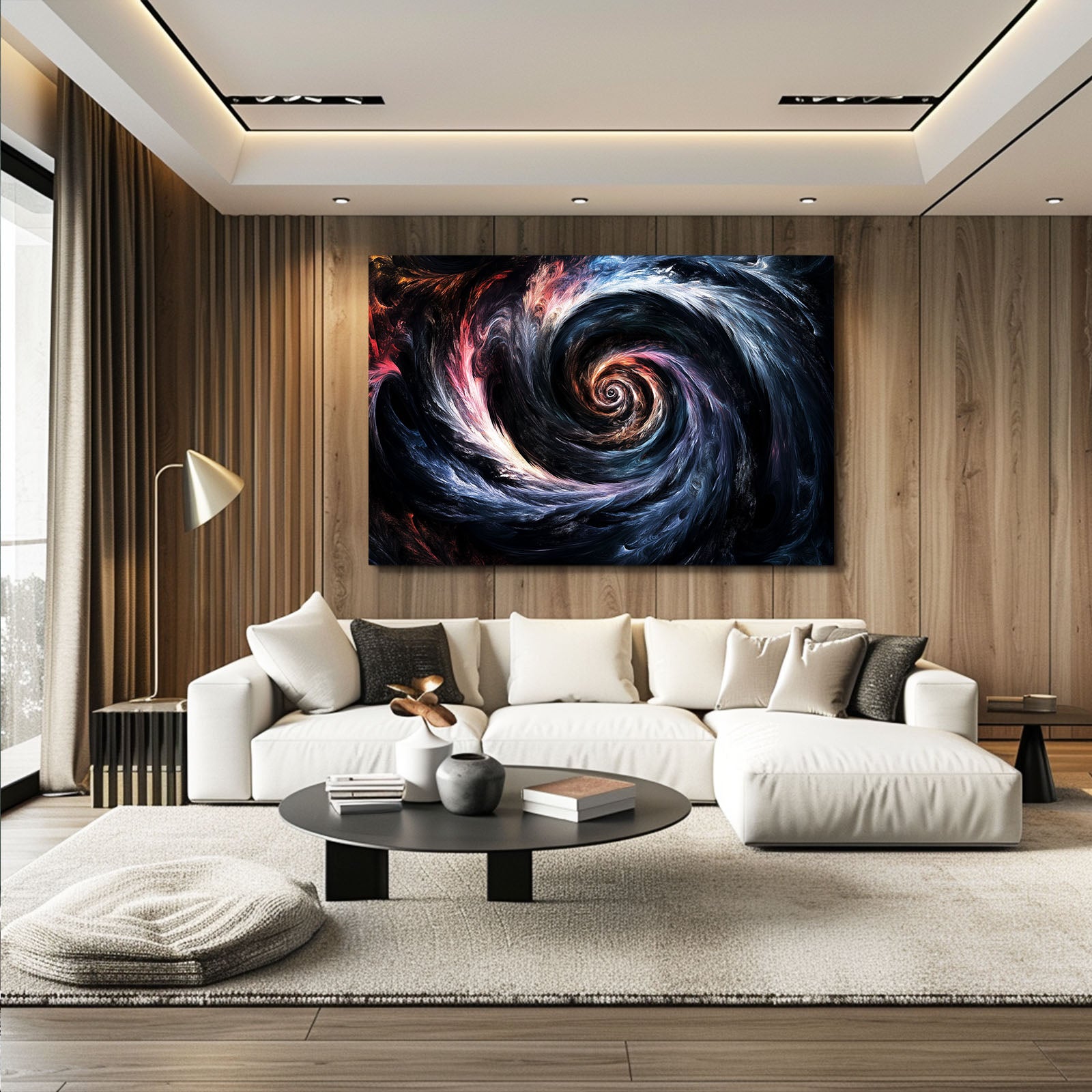 Cosmic Swirl Vortex Abstract Canvas Art – styled in a furnished interior
