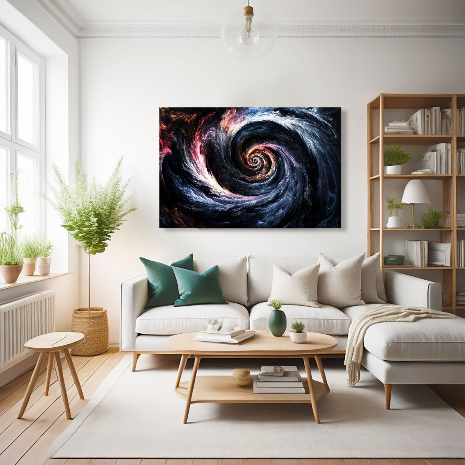 Cosmic Swirl Vortex Abstract Canvas Art – styled in a furnished interior
