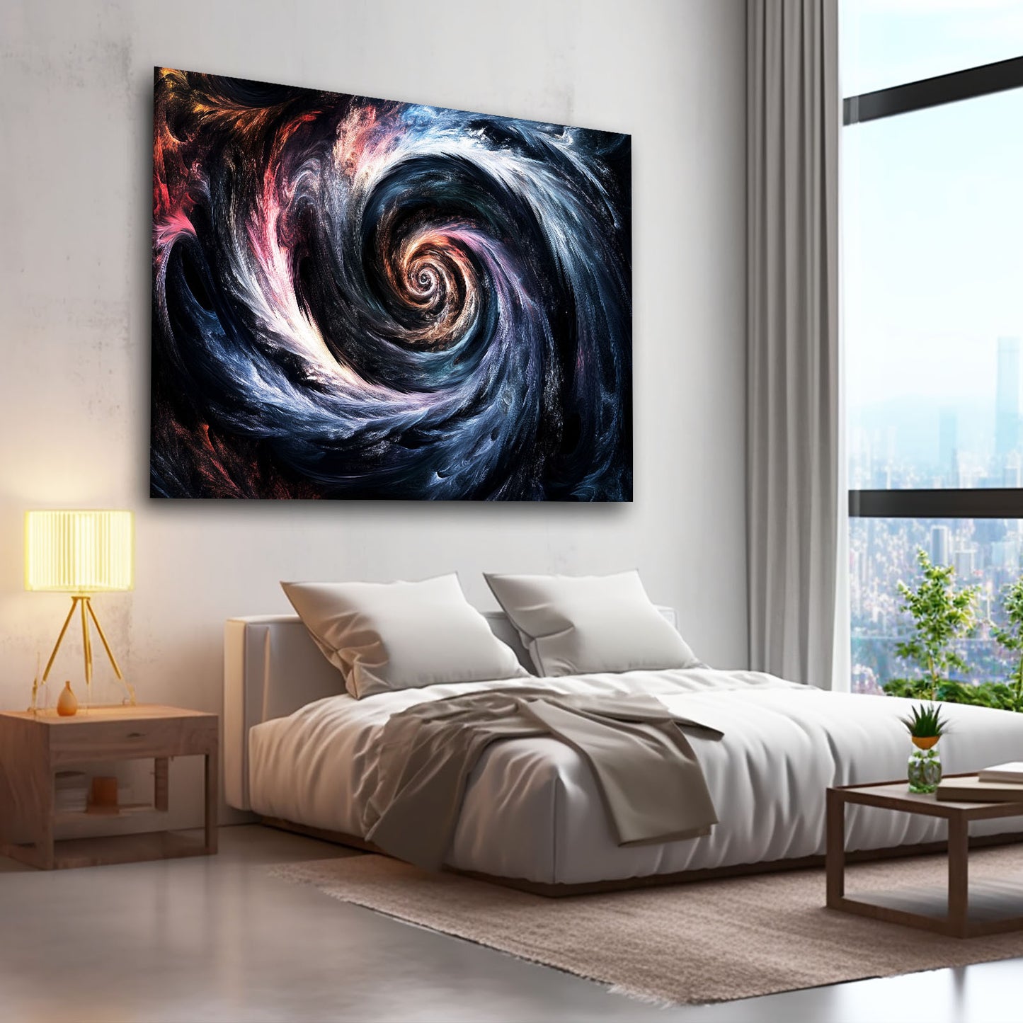 Cosmic Swirl Vortex Abstract Canvas Art – styled in a furnished interior