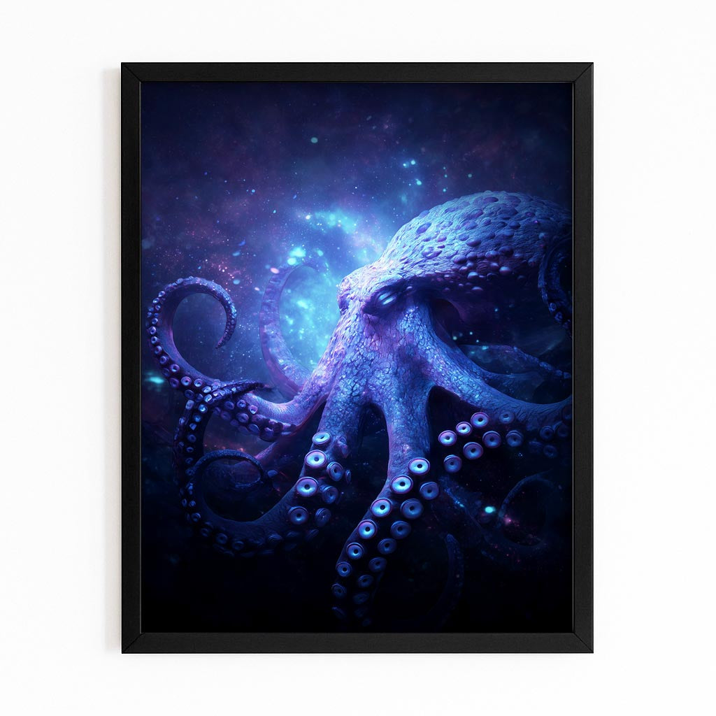 Cosmic Violet Cloud Octopus Wall Decor – with Premium Black frame on white background