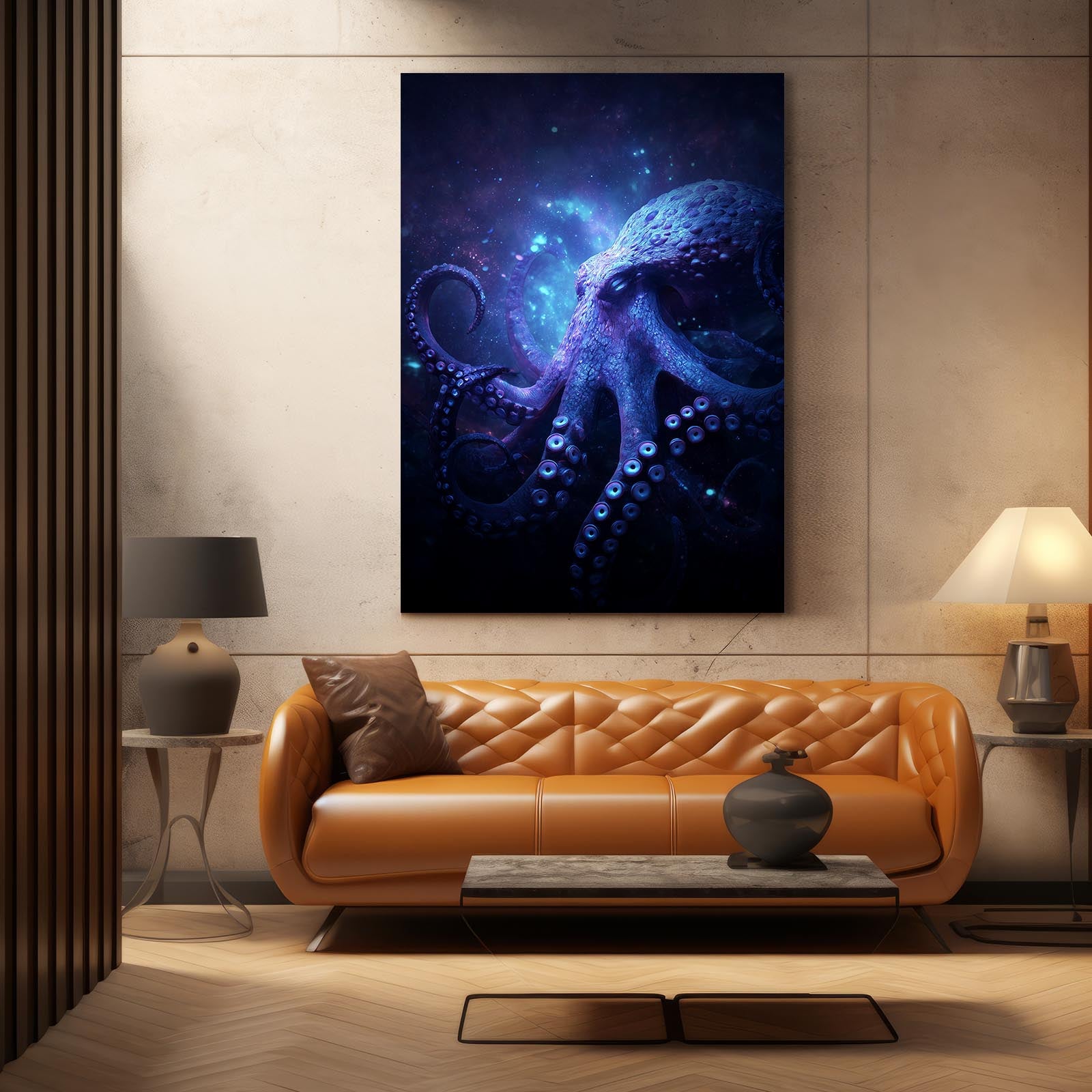 Cosmic Violet Cloud Octopus Wall Decor – styled in a furnished interior