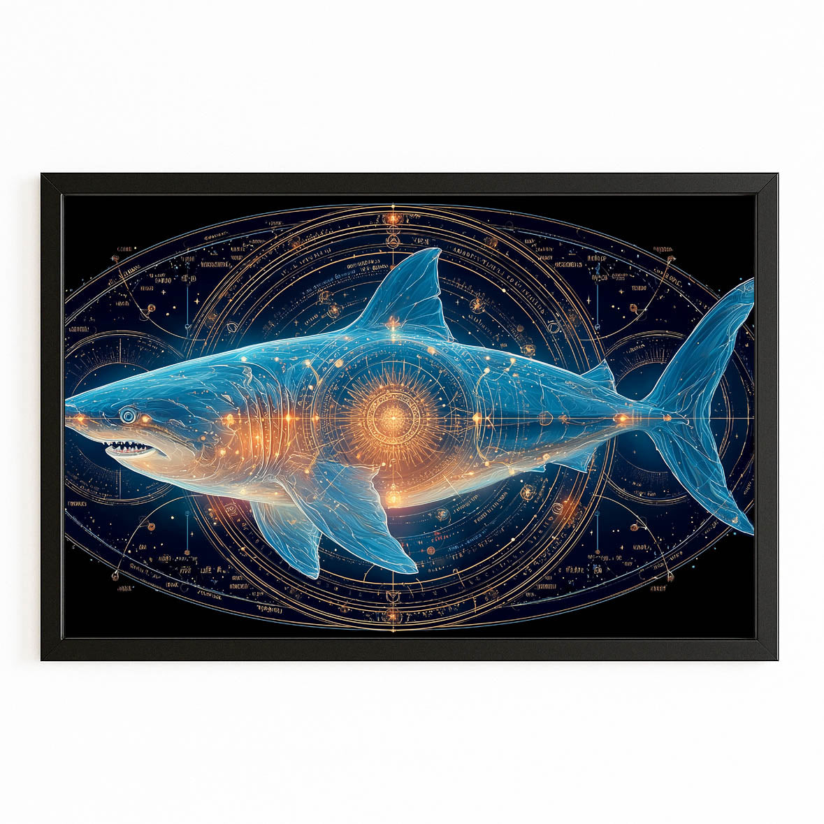 Cosmic Zodiac Shark Wall Decor – with Premium Black frame on white background