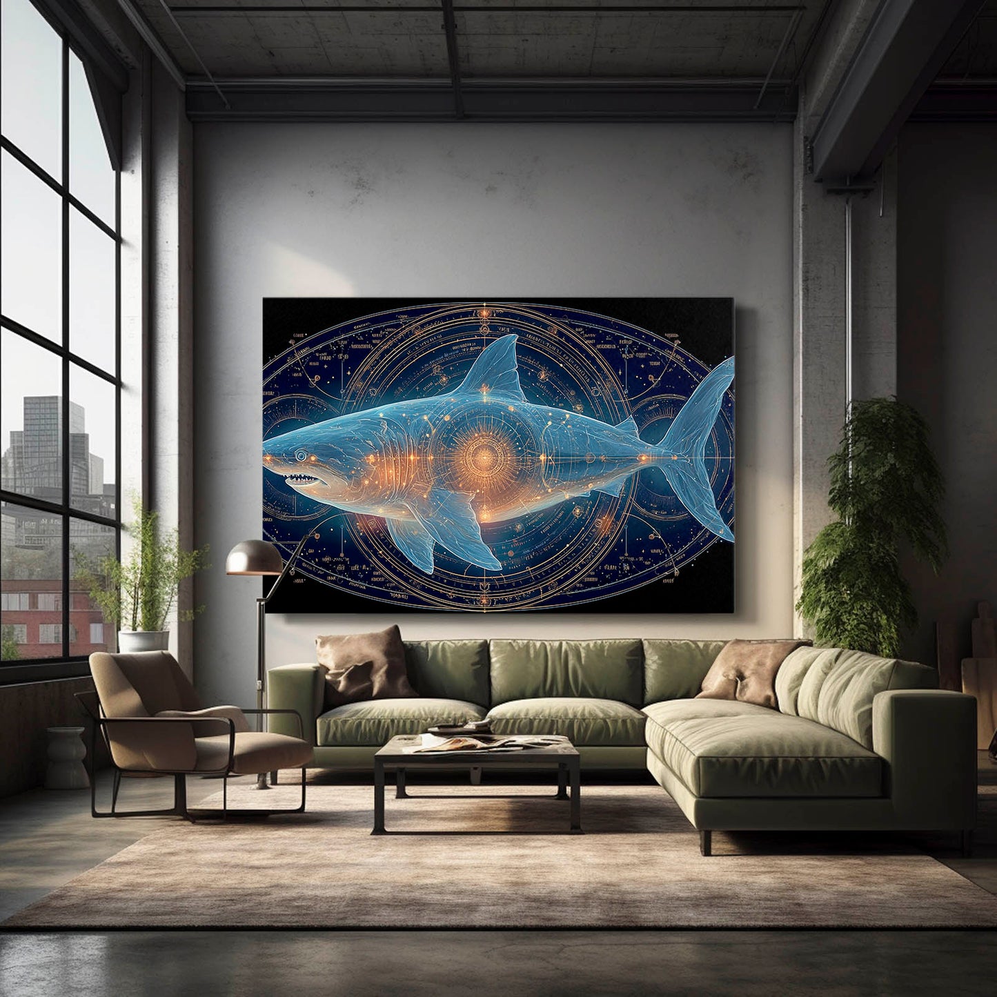 Cosmic Zodiac Shark Wall Decor – styled in a furnished interior