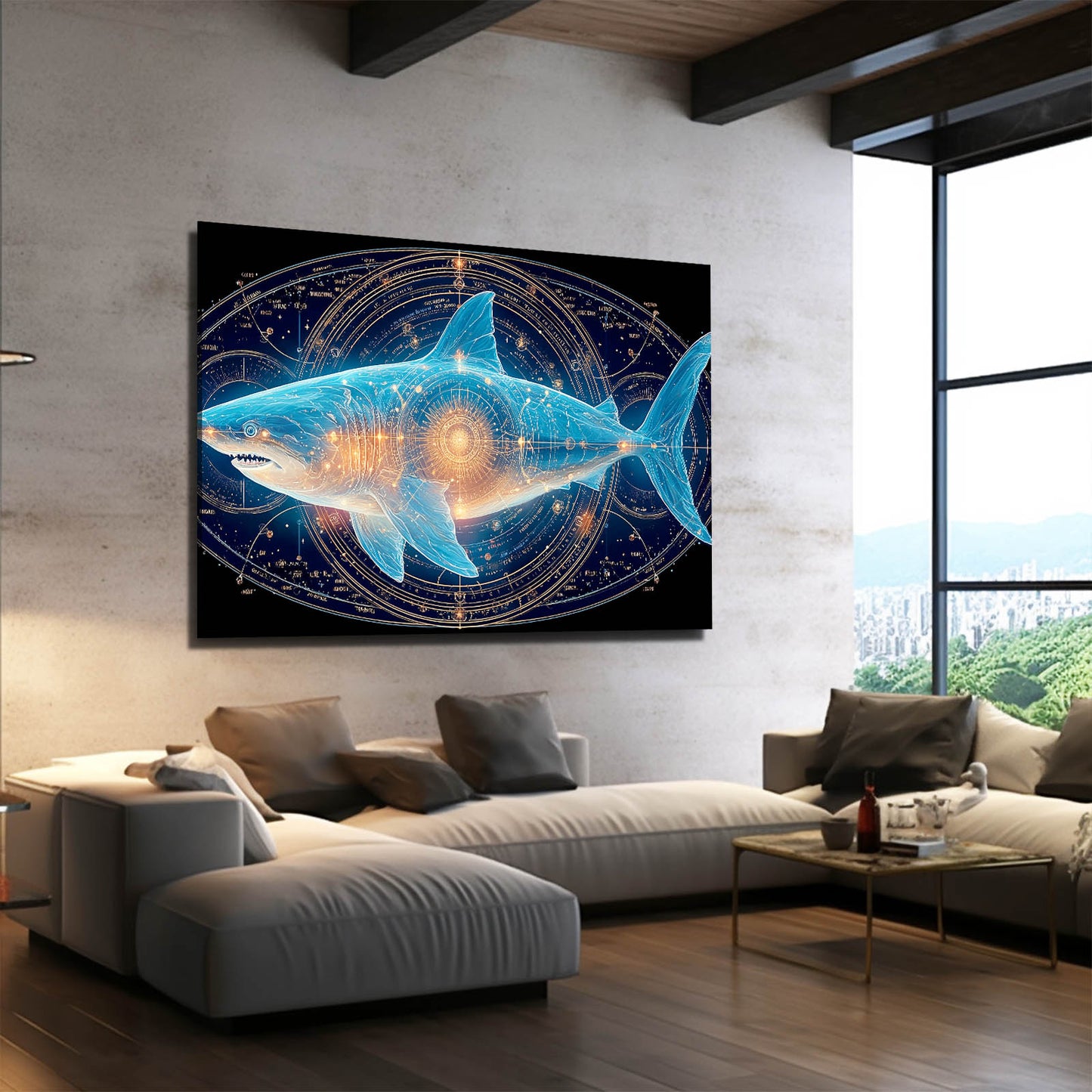 Cosmic Zodiac Shark Wall Decor – styled in a furnished interior