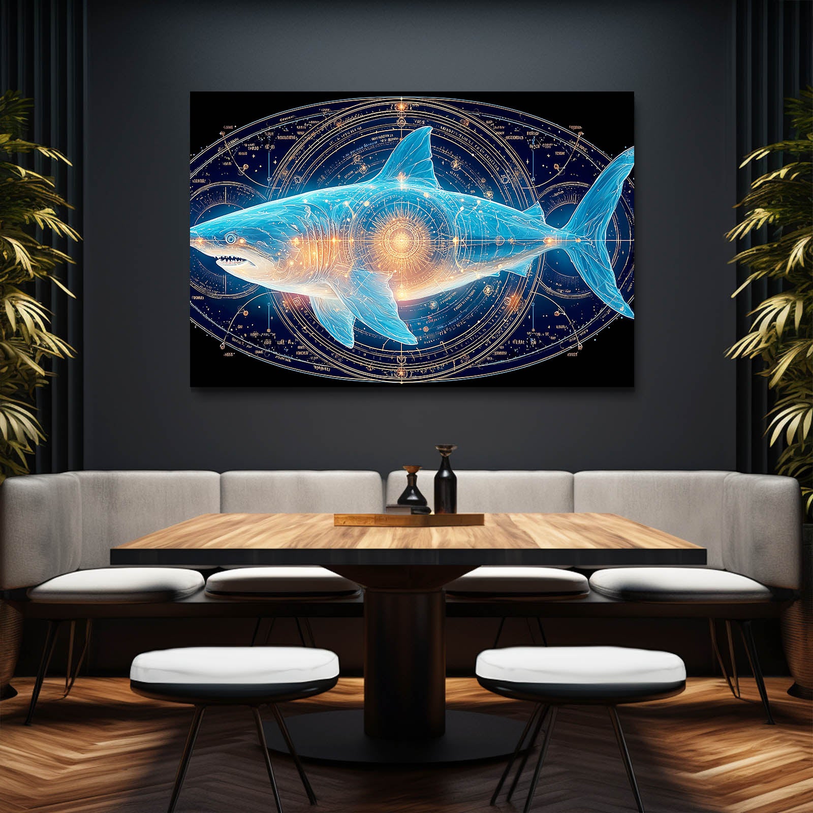 Cosmic Zodiac Shark Wall Decor – styled in a furnished interior