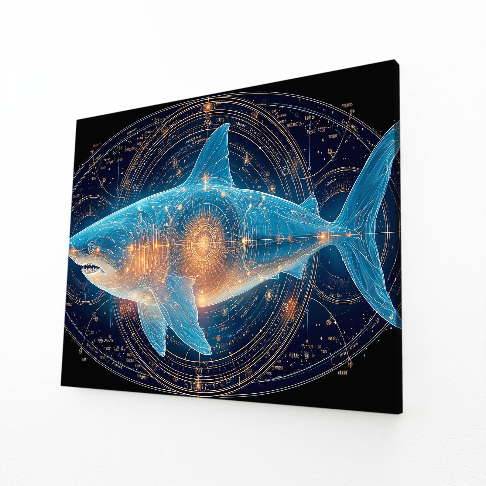 Cosmic Zodiac Shark Wall Decor – angled canvas view on white background