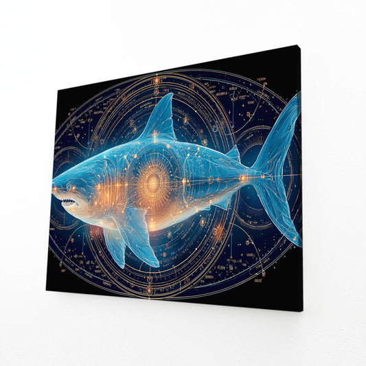 Cosmic Zodiac Shark Wall Decor – angled canvas view on white background