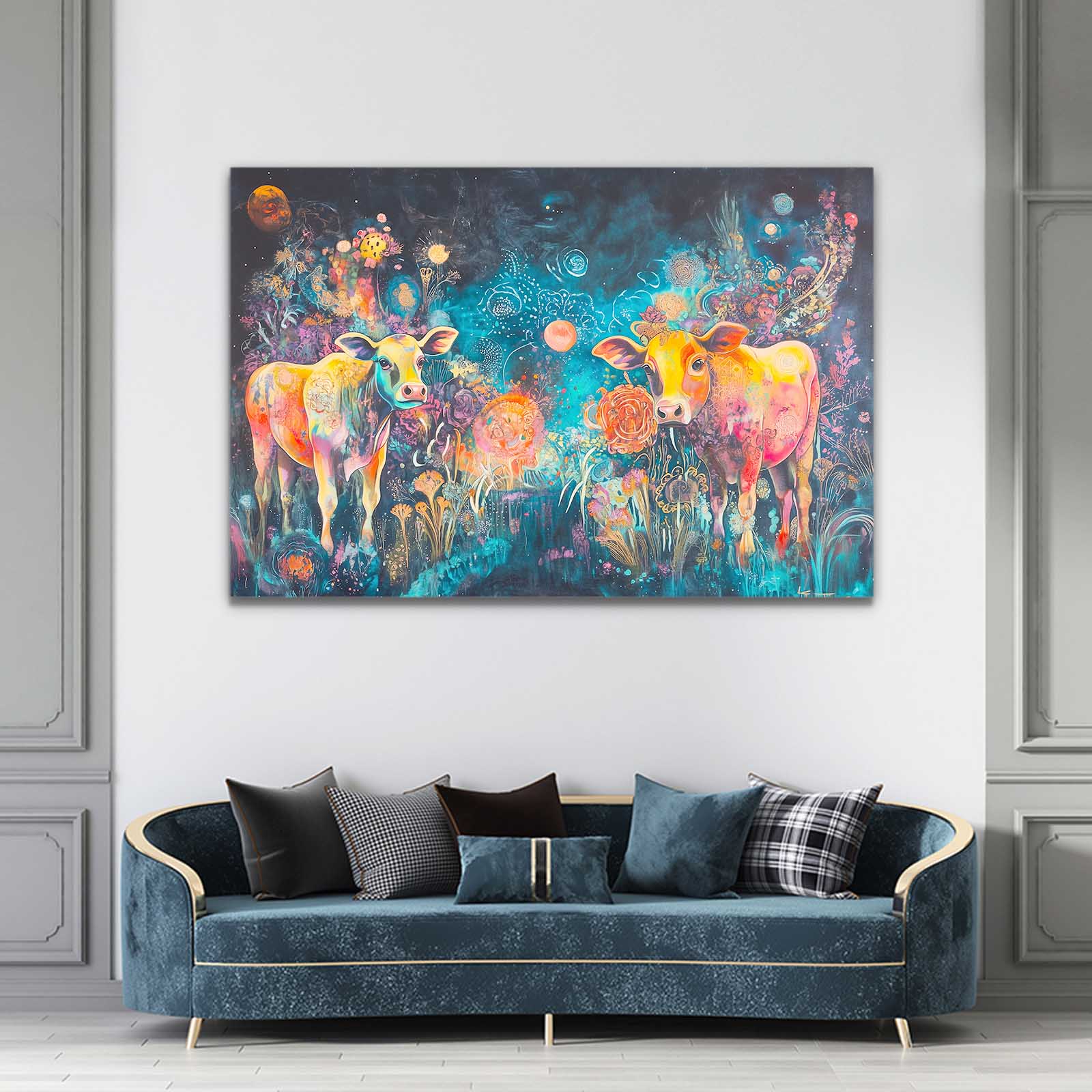 Cow Art – angled canvas view on white background