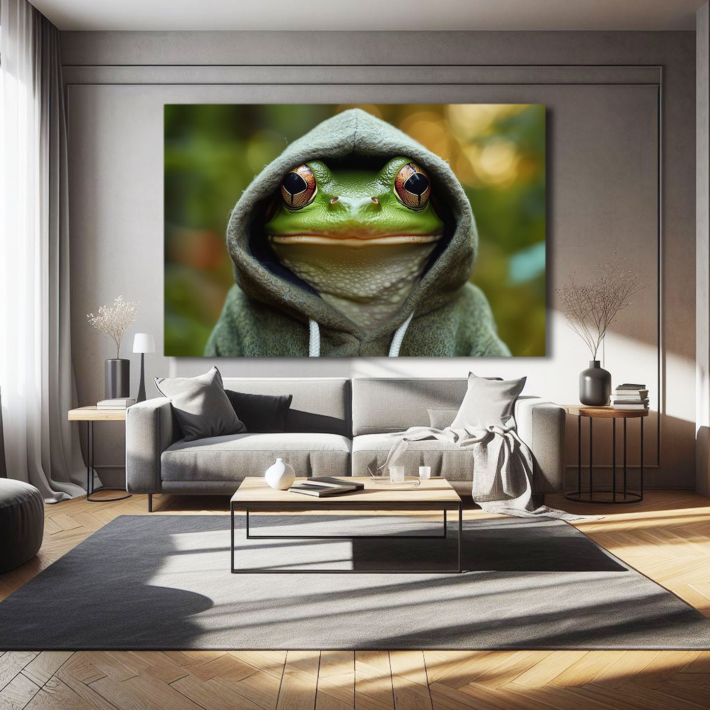 Cozy Hooded Frog Wall Decor – styled in a furnished interior
