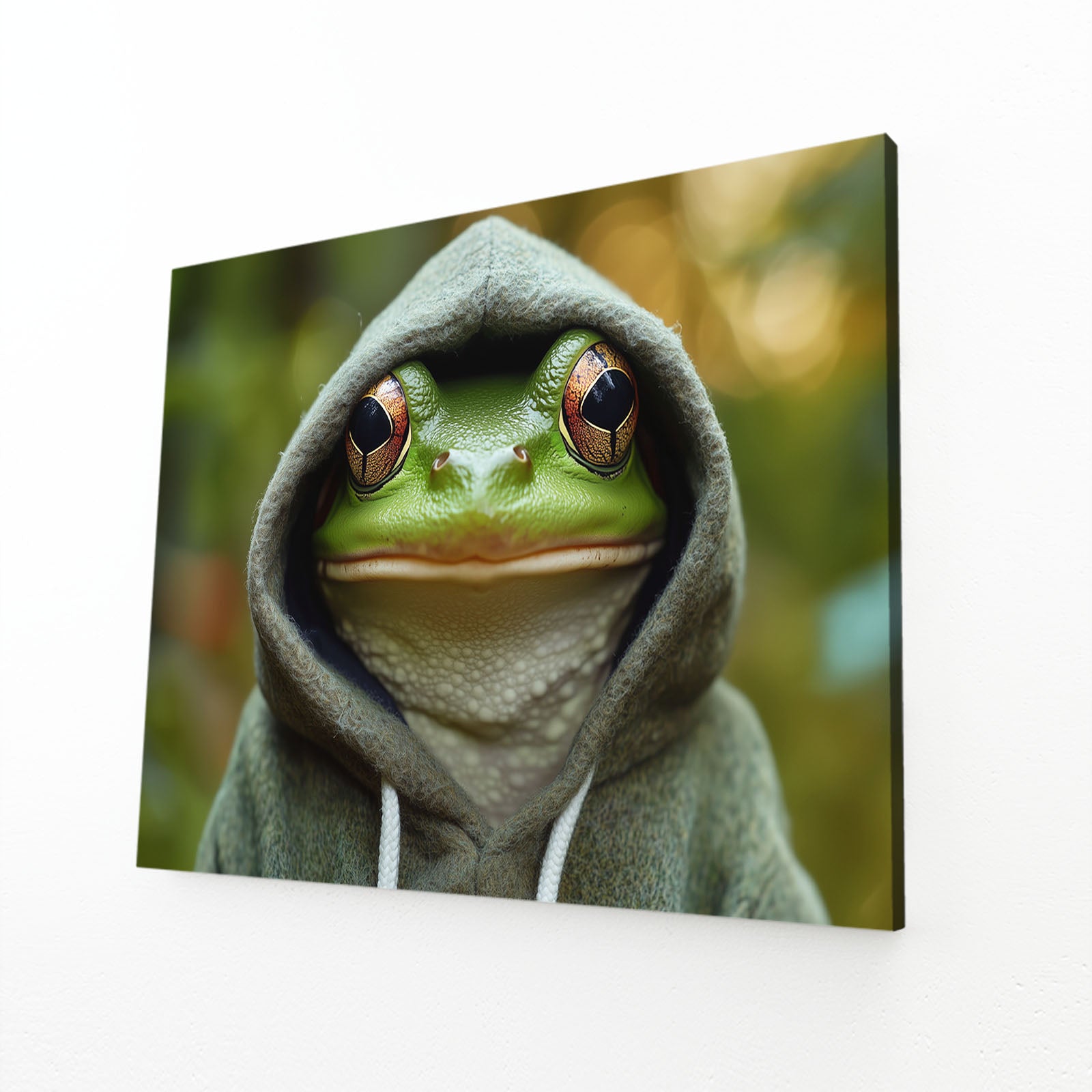 Cozy Hooded Frog Wall Decor – angled canvas view on white background