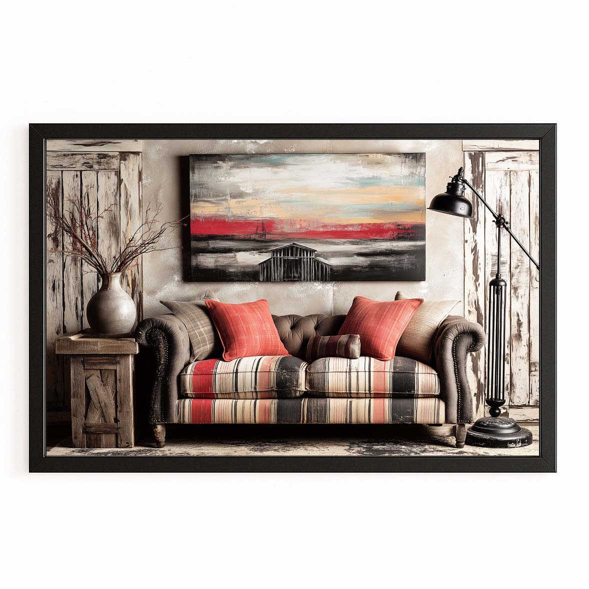 Cozy Interior Scene Farmhouse Canvas Art – with Premium Black frame on white background