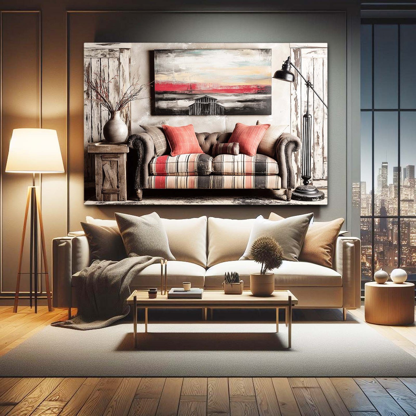 Cozy Interior Scene Farmhouse Canvas Art – styled in a furnished interior