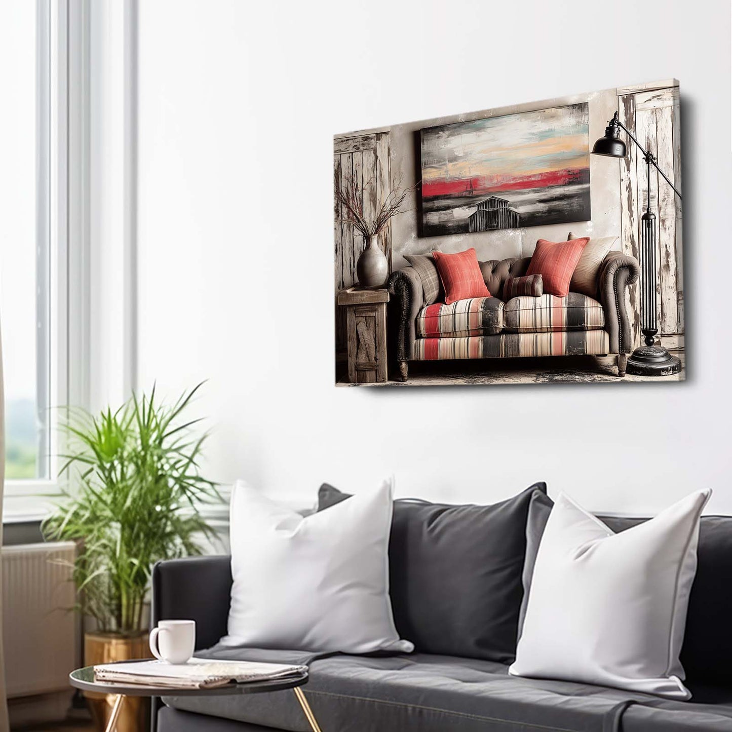 Cozy Interior Scene Farmhouse Canvas Art – styled in a furnished interior