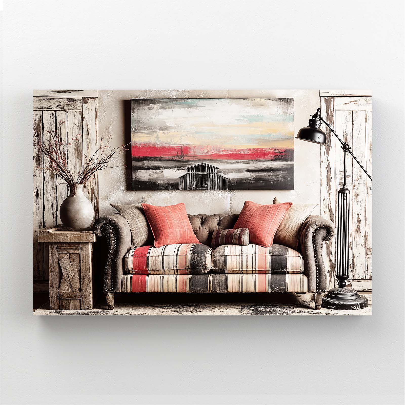 Cozy Interior Scene Farmhouse Canvas Art – styled in a furnished interior