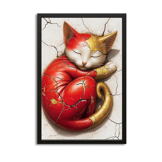 Cracked Elegance Cat Art — 3d canvas print in red tones, with Premium Black frame on white background