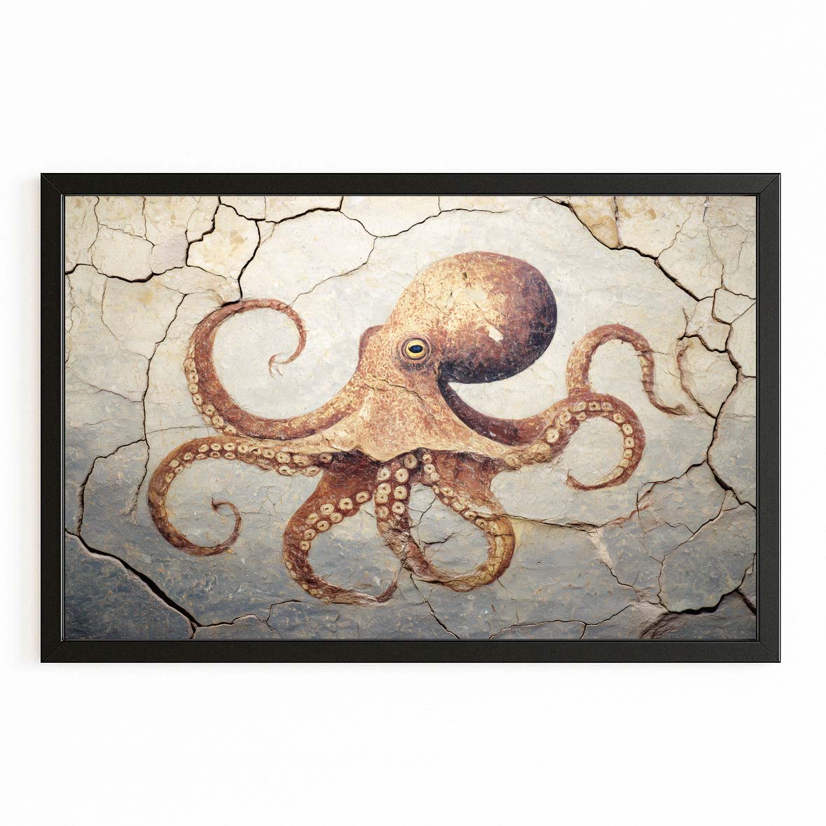 Cracked Fresco Octopus Art – with Premium Black frame on white background