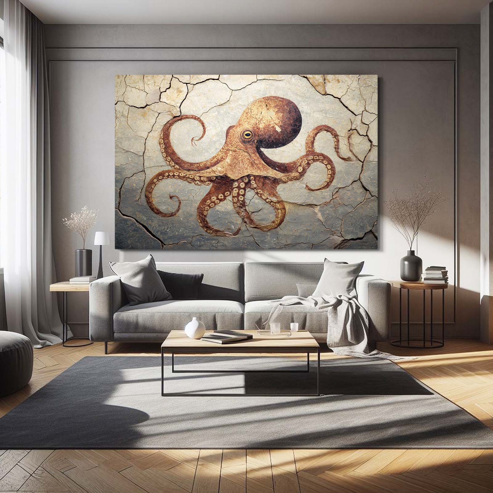 Cracked Fresco Octopus Art – styled in a furnished interior
