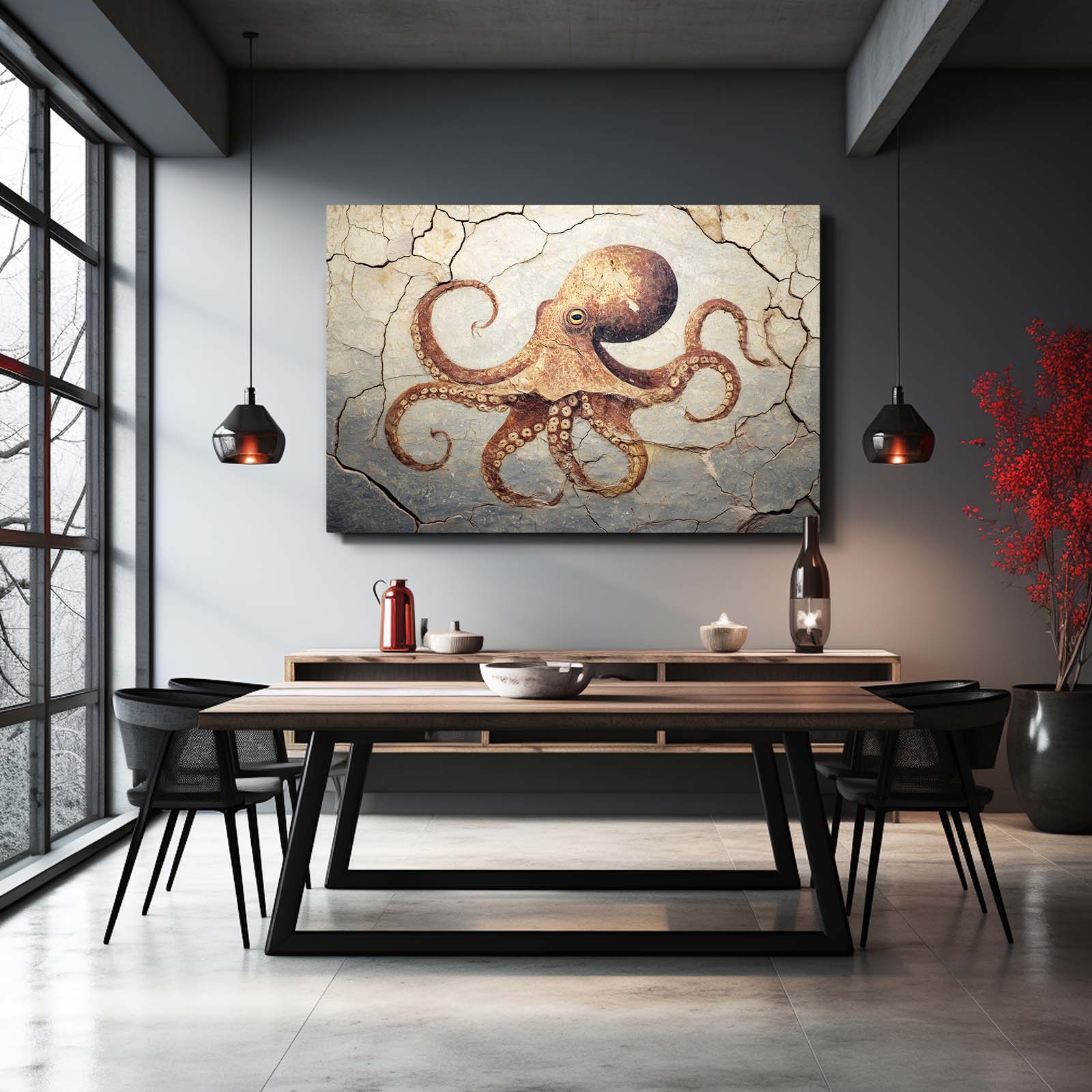 Cracked Fresco Octopus Art – styled in a furnished interior