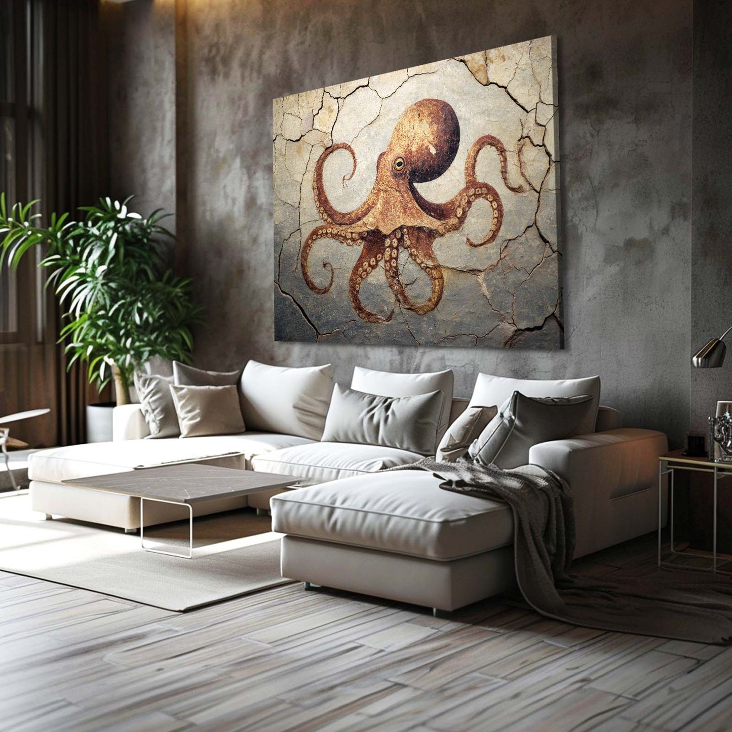 Cracked Fresco Octopus Art – styled in a furnished interior