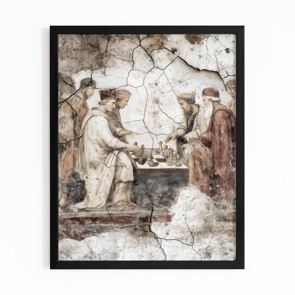 Cracked Fresco Players Chess Canvas Art – with Premium Black frame on white background